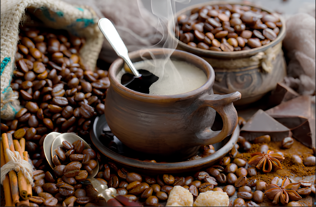 Steaming cup of freshly brewed coffee on a wooden table – rich aroma, deep roast, and smooth flavor perfect for morning energy